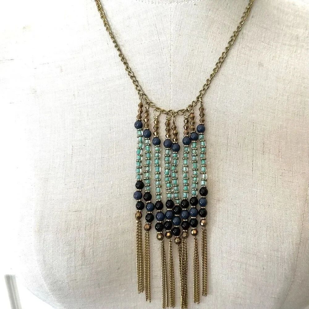 Blue  and green beaded gold tone fringe necklace